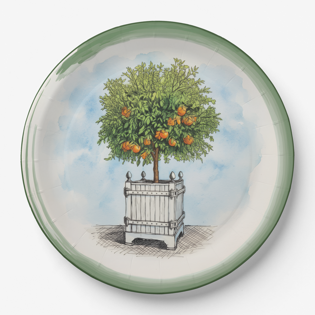 Vintage Voyagers France Le Jardin Français Orange Topiary Paper Party Plate 