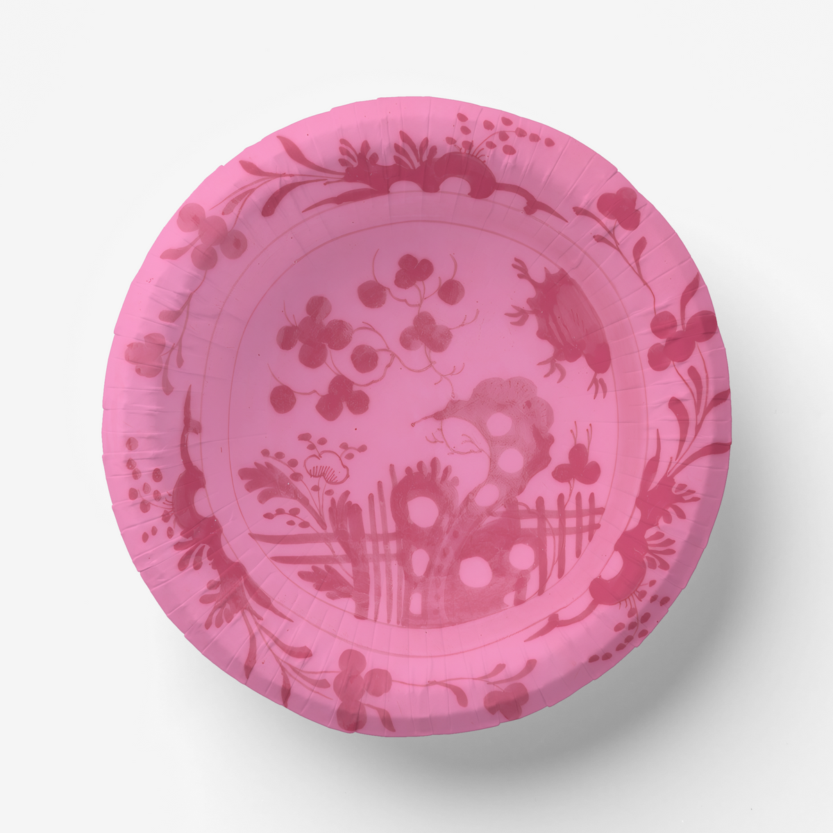La Chinoiserie Rouge bowl — red garden scene on pink
