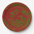 La Chinoiserie Noël dinner plate — chinoiserie garden in green on lacquer red