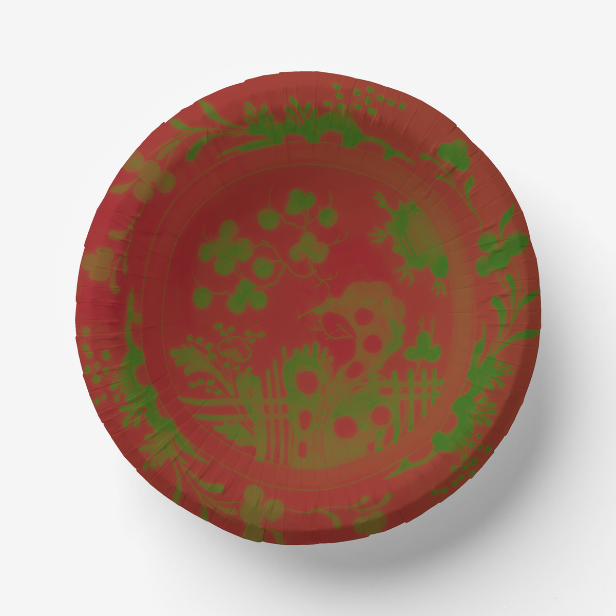 La Chinoiserie Noël bowl — chinoiserie garden in green on lacquer red