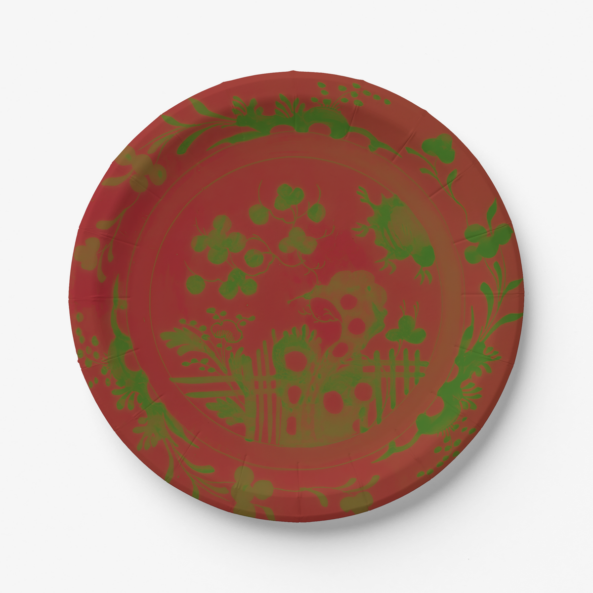 La Chinoiserie Noël salad plate — chinoiserie garden in green on lacquer red