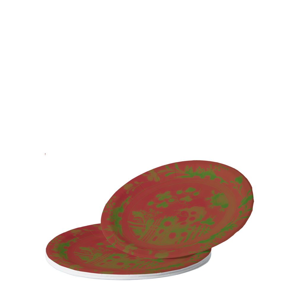 La Chinoiserie Noël dinner and salad plates stacked — green garden scene on lacquer red