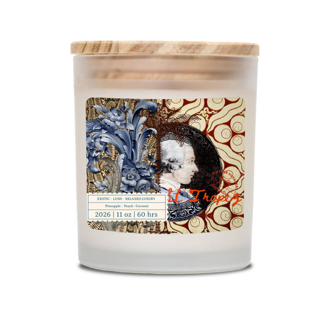 Parfum du Voyage St Tropez frosted glass candle with wooden wick on a sun-drenched terrace