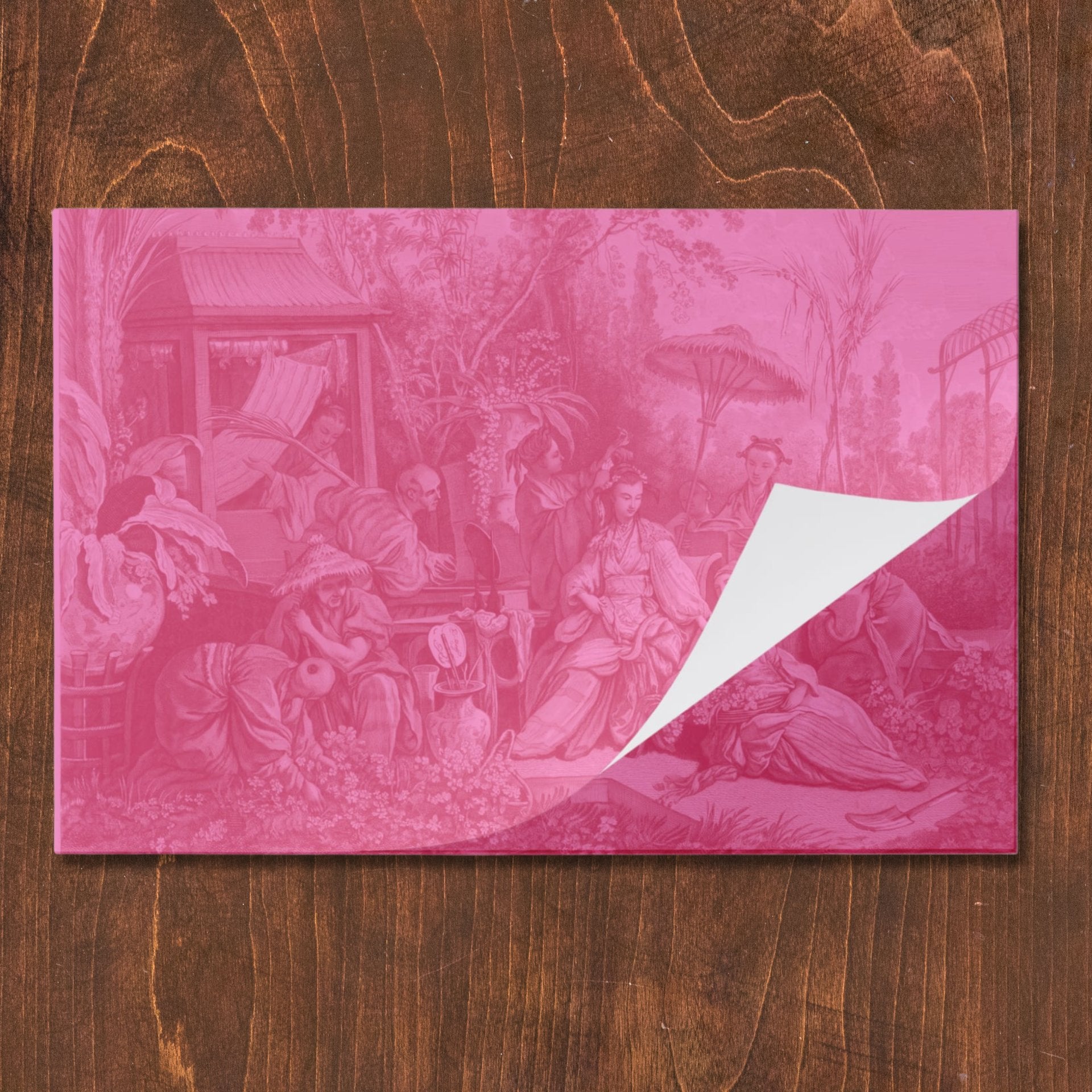 La Chinoiserie Rouge chinoiserie garden-scene paper placemat, folded pad