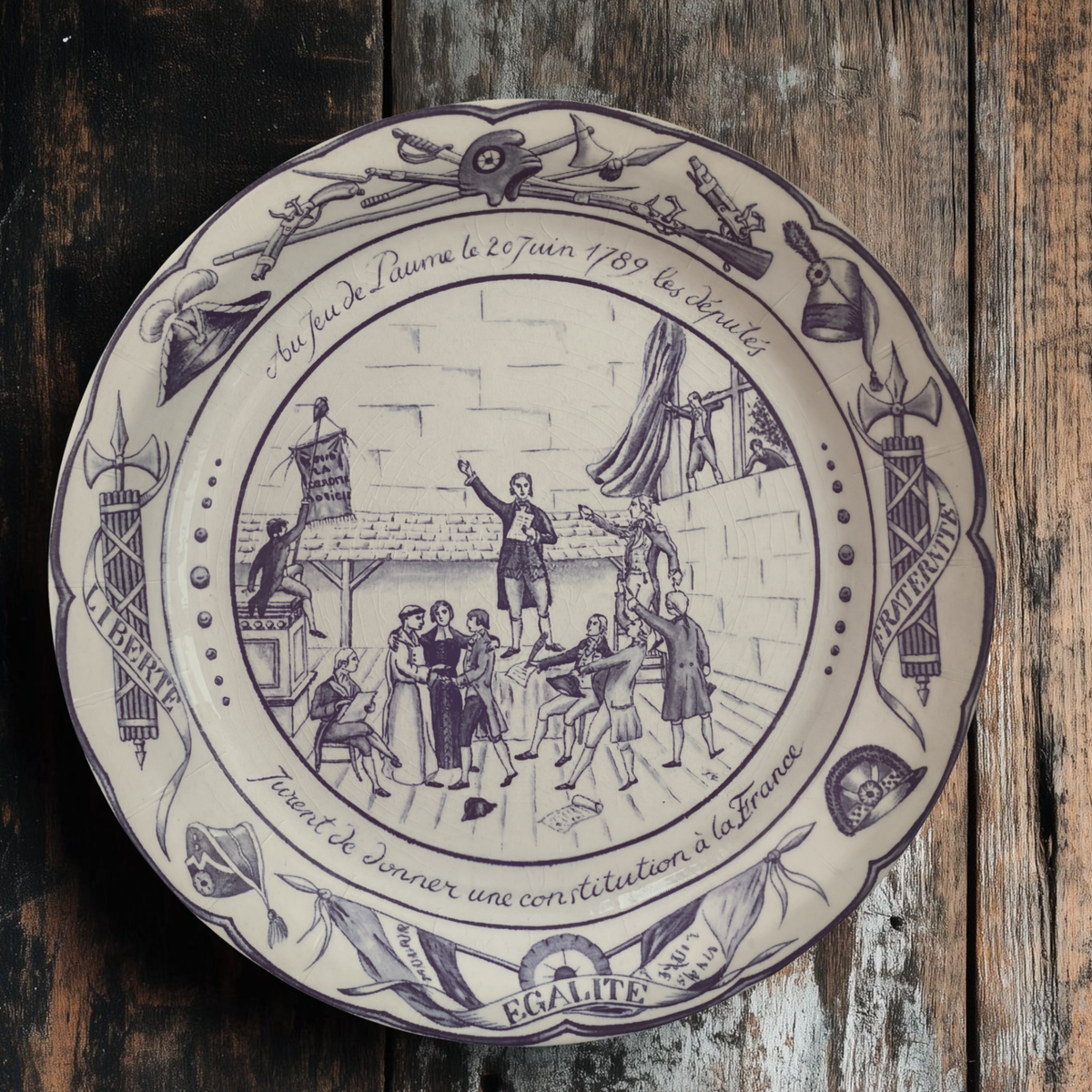 Paper Party plate with French revolutionary scene and text on a wooden table