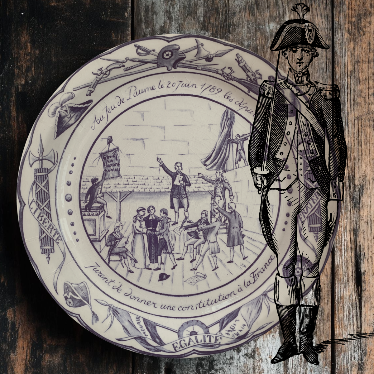 Paper Party plate with French revolutionary scene and text on a wooden table