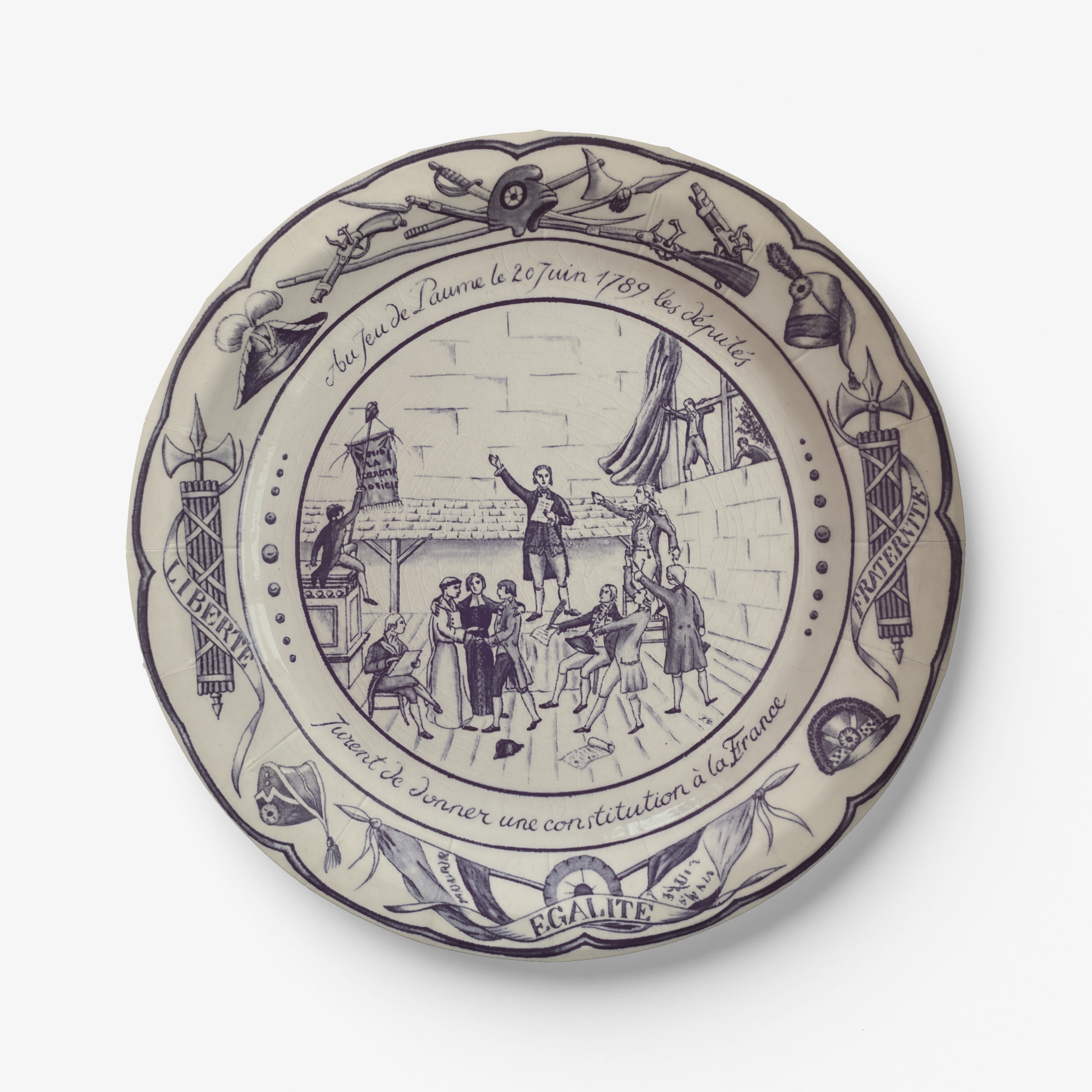 Paper Party plate with French revolutionary scene and text on a white background