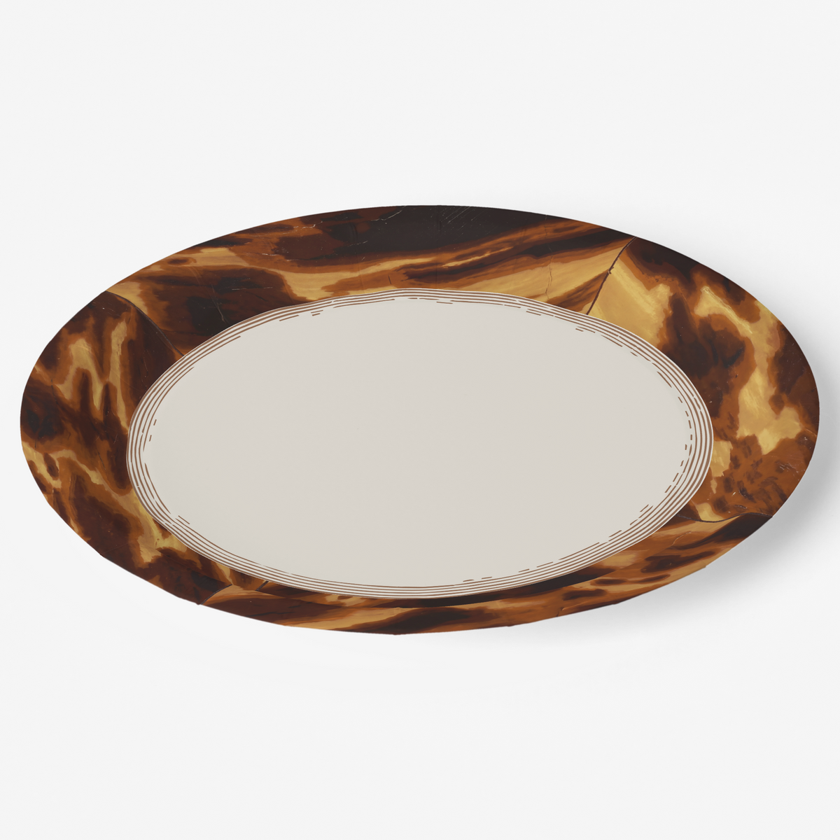 Tortoiseshell border paper party plate at an angle, showing the shallow flat rim